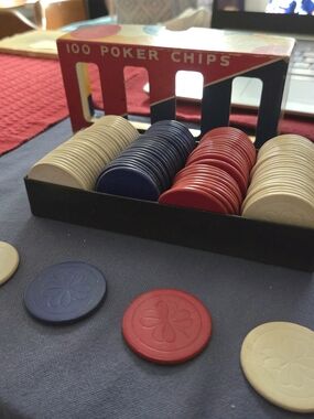 Vintage Dennison's No. 42 Poker Chips Set 100 + 3 Count Original Box, Red, Blue